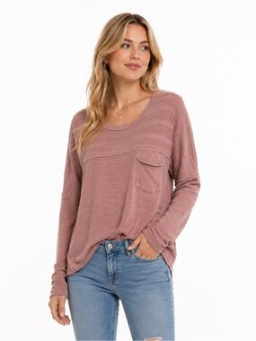 NWOT In Loom Size Small Oversized Long Sleeve Scoop Neck Pocket Top  Dusty Rose